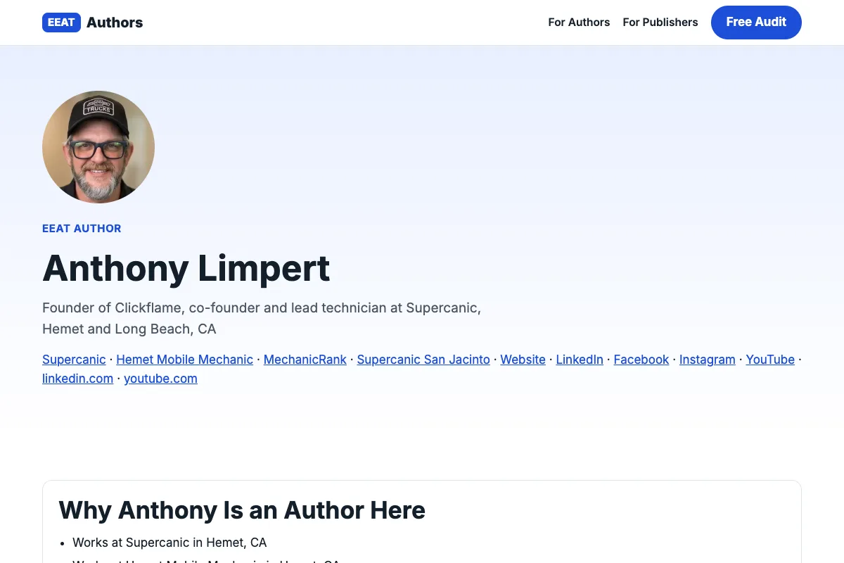 EEAT Authors author page for Anthony Limpert with credentials laid out by Experience, Expertise, Authoritativeness and Trust